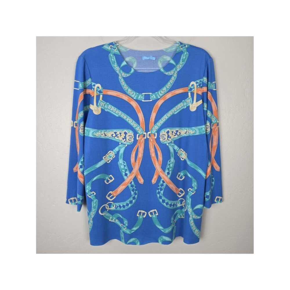 J. McLaughlin Riley Top 3/4 Sleeve Crewneck Raw Edge Tee Blue Printed Size L NWT